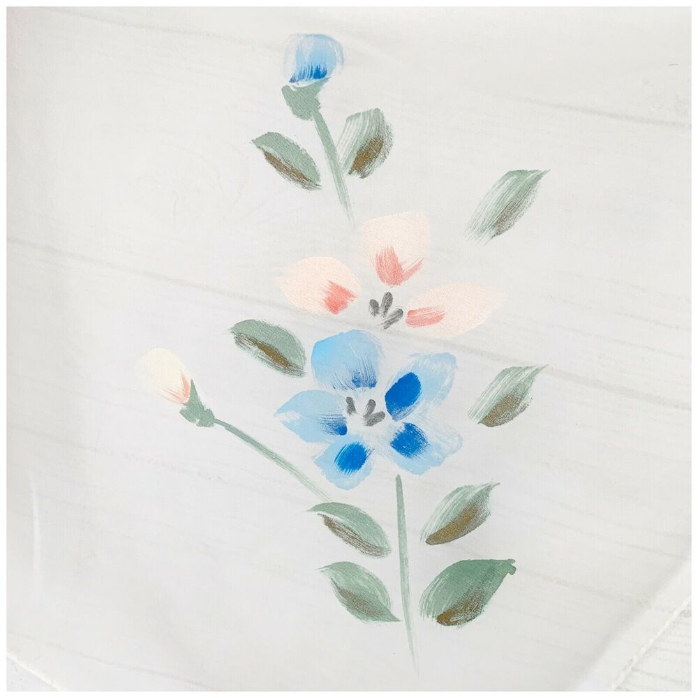 HAND PAINTED White Chiffon Square Scarf FLORAL Blue Pink Green Sheer Rolled Edge - Picture 2 of 3